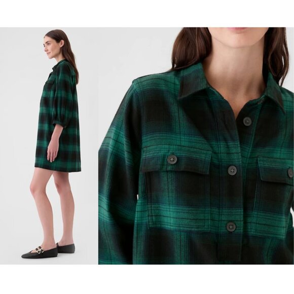 GAP Flannel Utility Mini Shirt Dress NWT in Green & Navy XS - Picture 13 of 13